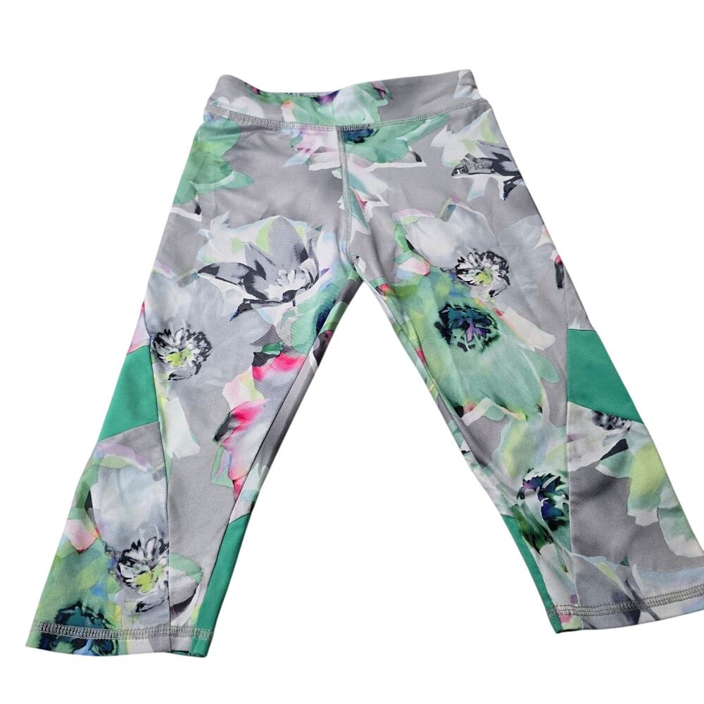 Adidas Girls Active Pants sz 6xGreen Silver Floral Sim Compression Stretch Crop